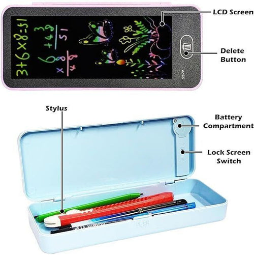 KRISHEET 2 in 1 LCD Digital Slate for Kids, E-Note Pad, Pencil Box for Kids Compass (Multicolor)