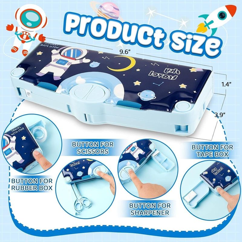 KRISHEET Big Space Astronaut Theme Pencil Box Space Theme Art Plastic Pencil Boxes (Set of 1, Blue)