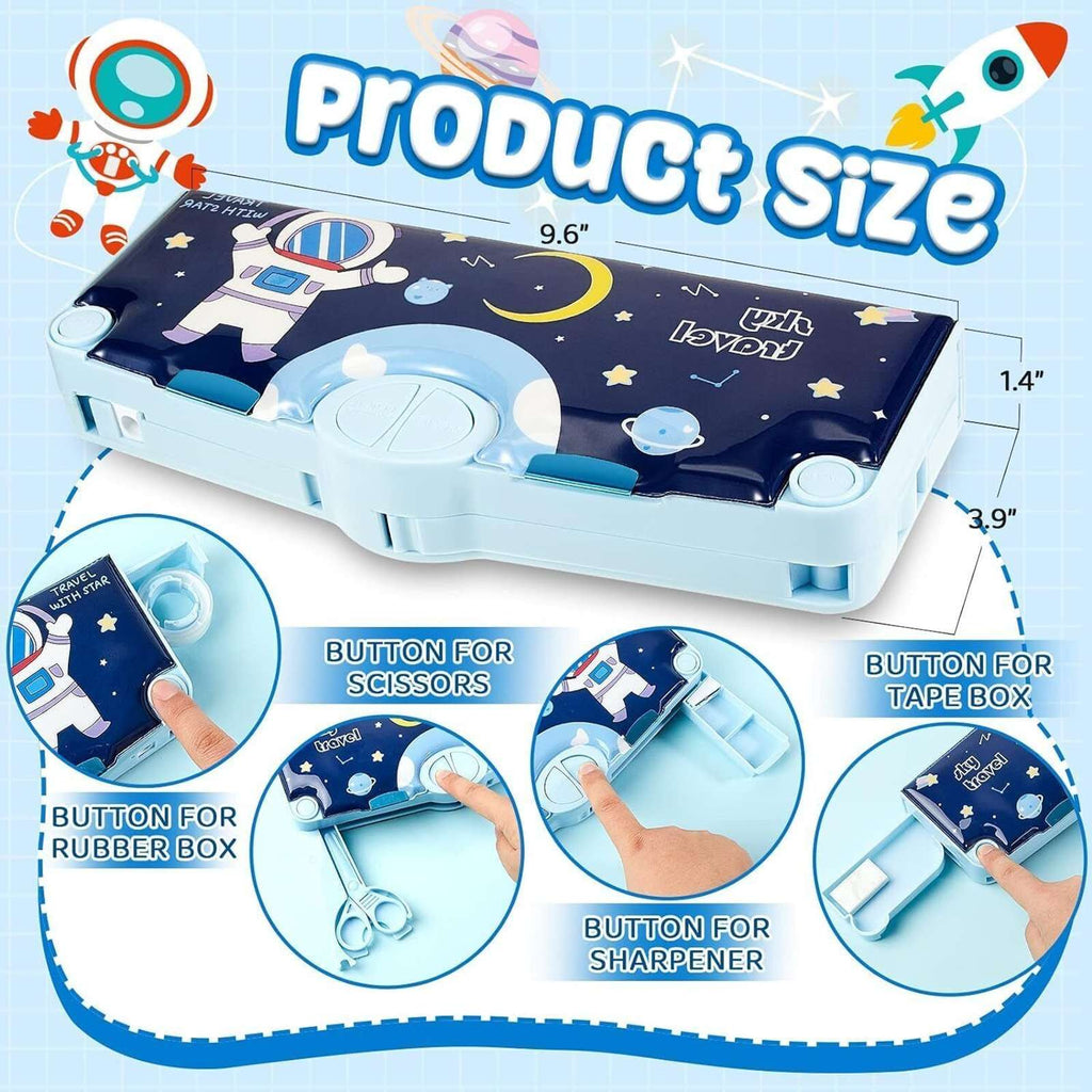 KRISHEET Big Space Astronaut Theme Pencil Box Space Theme Art Plastic Pencil Boxes (Set of 1, Blue)