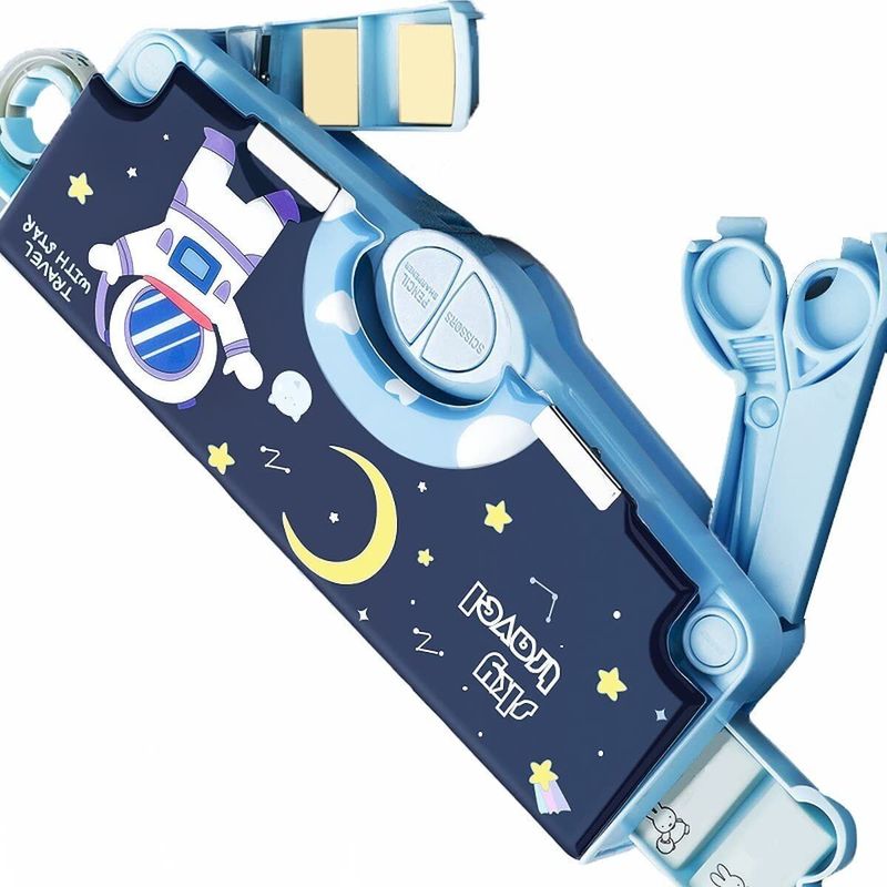 KRISHEET Big Space Astronaut Theme Pencil Box Space Theme Art Plastic Pencil Boxes (Set of 1, Blue)