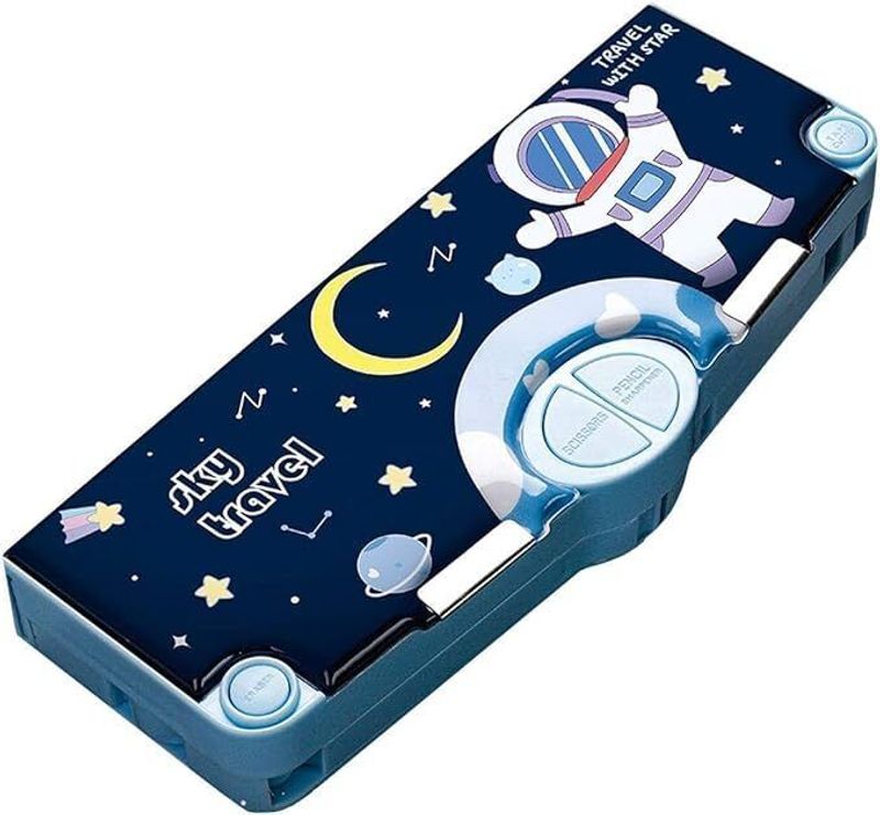 KRISHEET Big Space Astronaut Theme Pencil Box Space Theme Art Plastic Pencil Boxes (Set of 1, Blue)