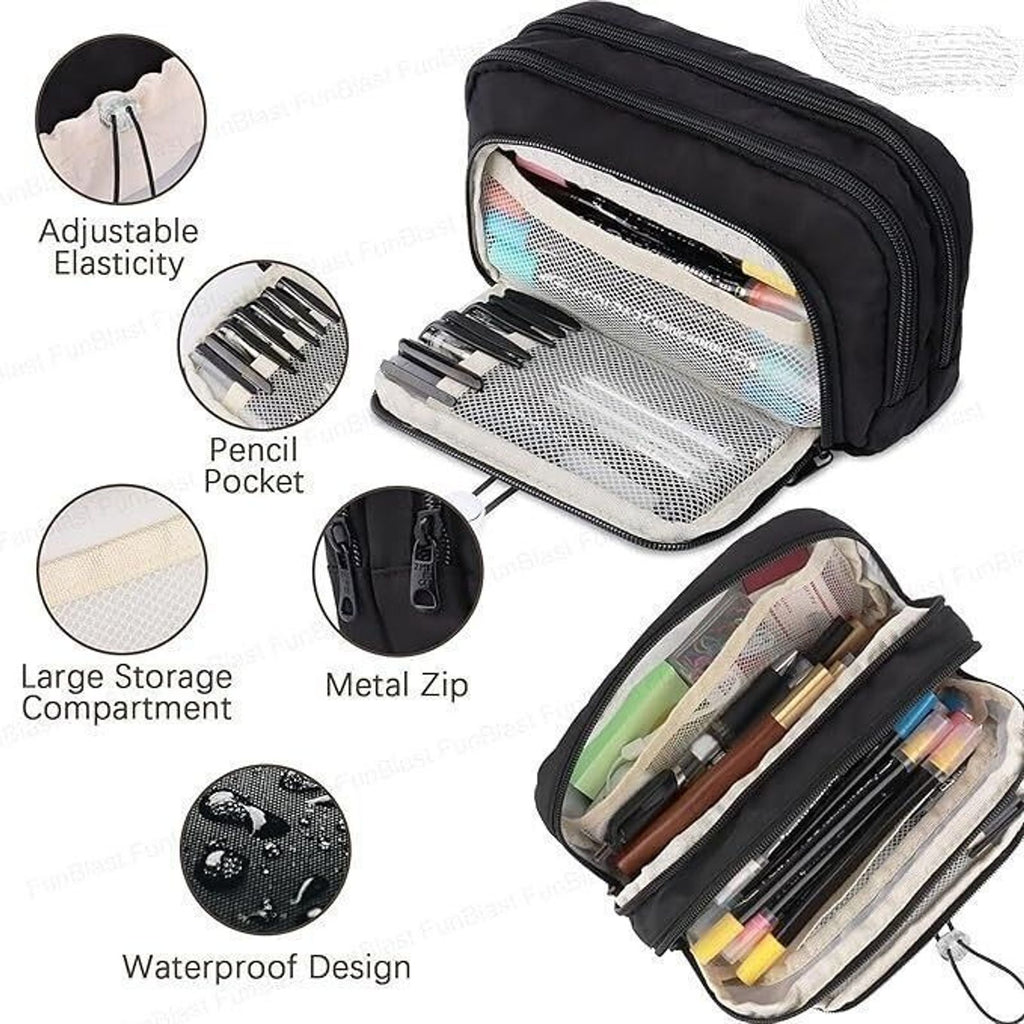 KRISHEET Pencil Pouch for Girls – Multiple Compartment Zipper Pouch Drawstring Pocket Nature Art Canvas Pencil Box (Set of 1, Black)