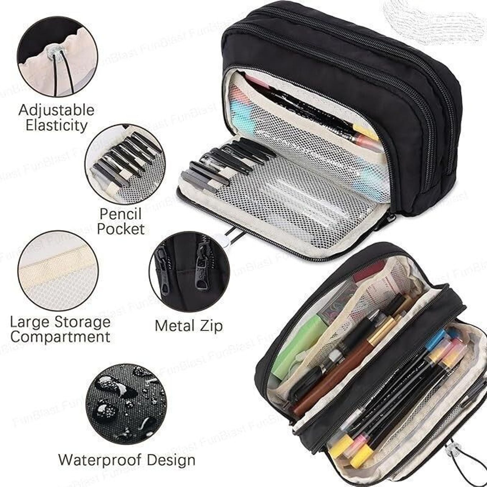 KRISHEET Pencil Pouch for Girls – Multiple Compartment Zipper Pouch Drawstring Pocket Nature Art Canvas Pencil Box (Set of 1, Black)